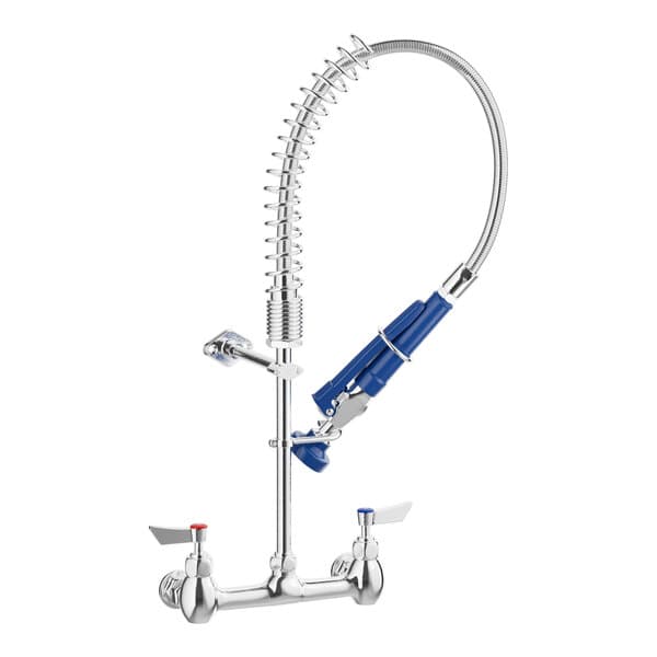 A silver and blue Waterloo pre-rinse faucet with a metal hose.