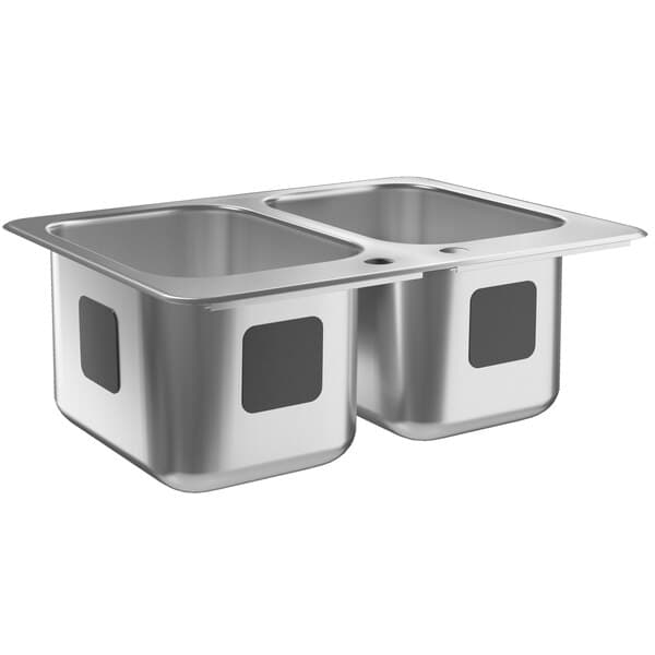 A Waterloo stainless steel double sink with two compartments.